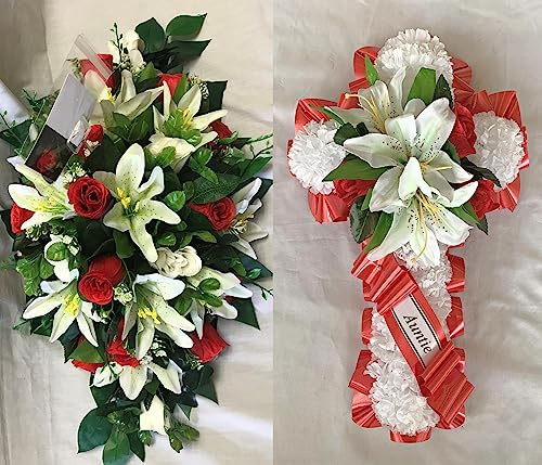 Silky Bouquets Artificial Silk Funeral Flower Package Cross Spray Tribute Memorial Aunt Mum Nan (Red)