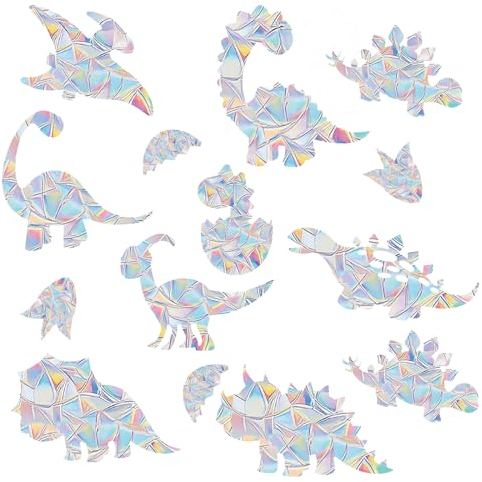 GoldRock Lot de 14 autocollants pour fenêtre - Motif prisme dinosaure - Protection contre les oiseaux - Pour vitres en verre - Motif dinosaure - Arc-en-ciel - Protection contre les chocs d'oiseaux