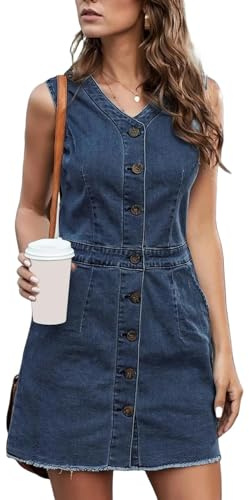 JINGBDO Abito in Denim Vintageabiti Corti in Denim Abbottini Domani Casual A V Maniche Abiti in Jeans in Denim Senza Maniche Abiti in Denim Midi Senza Maniche-Blu-XL