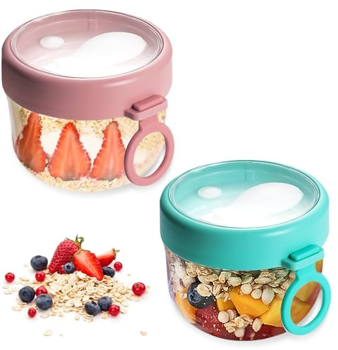 WIYETY Bicchieri per cereali To Go, 2 pezzi: tazza per yogurt con cucchiaio e coperchio, 600 ml, a prova di perdite, per insalata, lavoro, scuola, viaggi (rosa + ciano)
