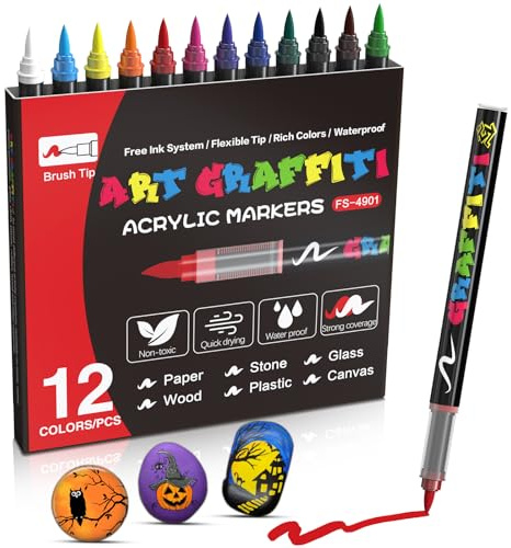Mockredn Creative Marker Acrylic Paint Pens 12 Assorted Colours, Brush Tip No Bleed Water-Based Ink Paint Markers Writes on Most Surfaces for School & Revision Supplies