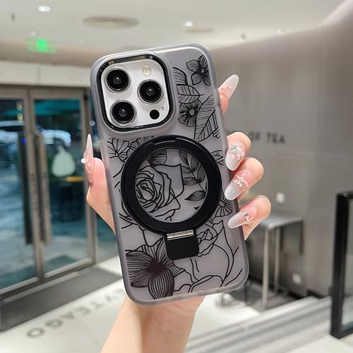 XIZYO Magnetic Case for iPhone 14 Pro Max with Magnetic Ring Stand, Cute Clear Rose Flower Floral Pattern Compatible with MagSafe, for Girls Women Shockproof Kickstand Phone Case, Matte Black