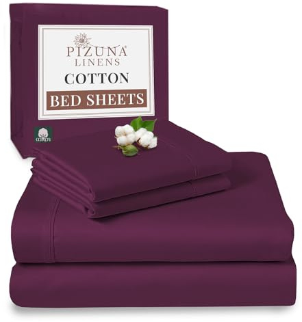 Pizuna 100% Cotton Super King Bed Sheet Set Berry Plum 400 Thread Count | 400 Thead Count Long Staple Cotton Bedding, 300x280 cm, Soft Sateen 4 Pc King -fitted Flat Sheet & 2 Pillowcases