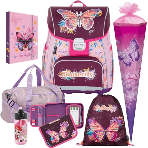 Generisch Butterfly - Schmetterling - Oxy Bag PREMIUM Schulranzen-Set - Heftbox A4 Gratis (7 teilig mit Sporttasche und Schultüte)