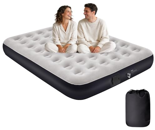 Kitxedas Double Air Bed with Built-in Rechargeable Pump, 25cm Extra-Thick Inflatable Mattress, One-Click Inflation & Deflation, Flocked Non-Slip Guest Bed for Home, Camping & Travel, 198 x 152 x 25 cm