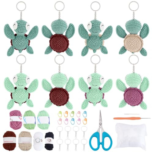 WEBEEDY 8 Sets Turtle Crochet Kit for Beginners,Complete Animal Crochet Kit for Adults,Beginner Crochets Kit with Step-by-Step Video Tutorial,Yarn,Keychain for Beginners Knitting Supplies Gift