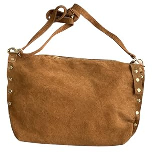 Sac bandoulière en daim italien avec clous sur les côtés. Bandoulière réglable et interchangeable. Fermeture à glissière. Intérieur doublé avec poche intégrée. Poche arrière., Camel, 6.2 liters