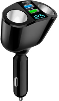 66W Car Cigarette Lighter Adapter 12V/24V, Dual USB-C PD & USB-A QC3.0 Super Fast Charger, 360° Rotating Car Lighter Adapter, Multi-Socket Splitter with LED Voltmeter for Phone Tablet GPS Dashcam