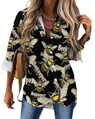 Bee Keeper Long Sleeve Shirt Irregular Hem Blouse Tops Oversized T Shirts Button Down for Women