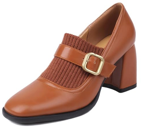 Wtharosa Décolleté Mary Jane da Donna Punta Quadrata Tacco Largo con Fibbia Dorata e Design a Calzino Elasticizzato per Look Eleganti Quotidiani,Marrone,36 EU