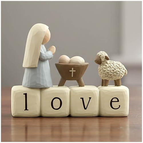 Mini Nativity Scene with LOVE Blocks, Mary and Baby Jesus Figurine, 7.8 cm | Painted resin nativity decor with Mary, Baby Jesus and lamb for shelves, Christmas displays and meaningful Catholic gifts