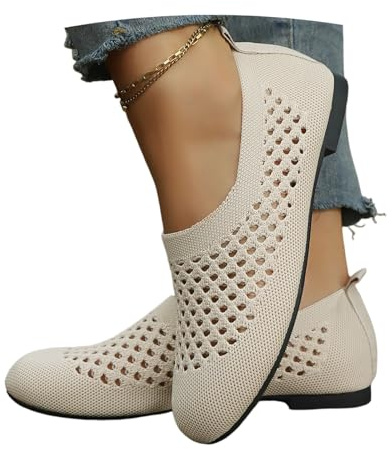 MEECHI Zapatos Ligeras for Caminar Sneaker Sin Cordones for Mujer De Tallas Grandes Zapatillas Planas Y Cómodas for Correr, for Primavera/Verano Bailarinas De Malla Tejida Transpirables(Beige,43 EU)