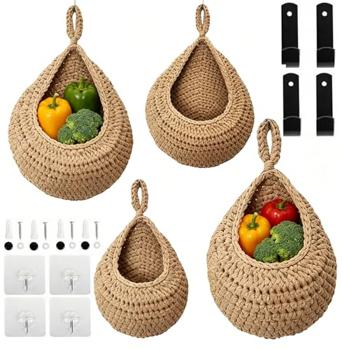 Eulihent 4 Stück Hängekorb Wandkorb Hängend, Geflochtene Wandkörbe zum Aufhängen mit Wandaufklebern und Haken, ideal zur Aufbewahrung von Obst und Gemüse sowie zum Organisieren und Dekorieren