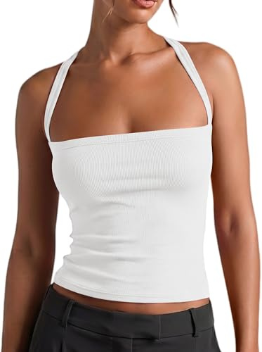 Xiaoliny Débardeur Femme Dos Croisé Sexy Halter Top Côtelés Col en Carré Été Slim Fit Sport Haut Court Chic et Élégant T-Shirts sans Manches Sexy Y2K Crop Tops Basique pour Décontracté Streetwear