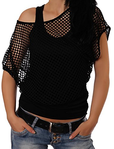 Crazy Age Frauen Partytop Sommertop Netzoberteil Trend 2016 in Neonfarben Jetzt auch in L/XL (L/XL, Schwarz(AMA))