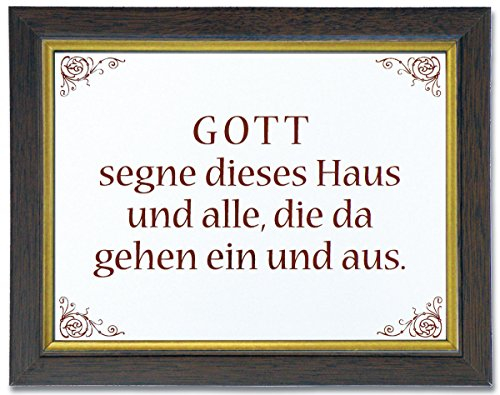 Christliche Geschenkideen °° Keramikfliese Gott segne dieses Haus und alle, die da gehen ein und aus. (mit Holzrahmen Nuss/Gold)