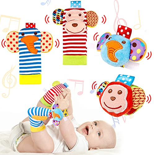 Ballery Bébé Poignet et Chaussettes Hochet, 4PCS Hochet Pied et Poignet Coffret Hochets pour Bébé Poignets et Pieds Hochet Jouets en Education Montessori pour 0-6 Mois