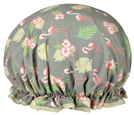 1 Pack Shower Cap for Women, Oil-proof Caps, Double Layers Waterproof Reusable Bath Caps With Ruffled Edge Covering for Girls, Women, Ladies, Kids (Grey Flamingo)
