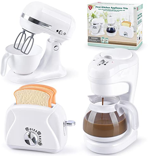 Kitchen Appliances Toys, Kids Play Kitchen Accessories Set, Pretend Kitchen Toys for Kids Ages 4-8, Coffee Maker, Mixer, Toaster with Realistic Lights & Sounds, Gift for Girls Ages 3+