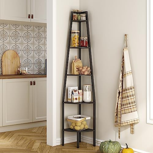 Hoctieon Scaffale d’Angolo a Scala 5 Livelli Rustico Industriale, Libreria per Soggiorno, Cucina, Ufficio Domestico, Camera da Letto, Balcone, Spazi Piccoli in Metallo,Nero