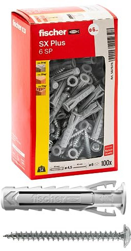 Fischer Lot de 100 chevilles SX Plus SP avec vis à tête cylindrique 6 x 30 mm pour mur plein, brique perforée, maçonnerie, béton, pour la fixation de lustres, meubles, armoires, étagères, 567628