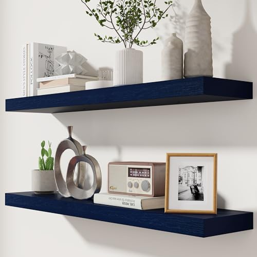 fuqing Dark Blue Floating Shelves 36 Inch, Solid Wooden Wall Shelves Set of 2, Rustic Floating Wall Shelves for Decor & Storage for Living Room Bedroom Bathroom