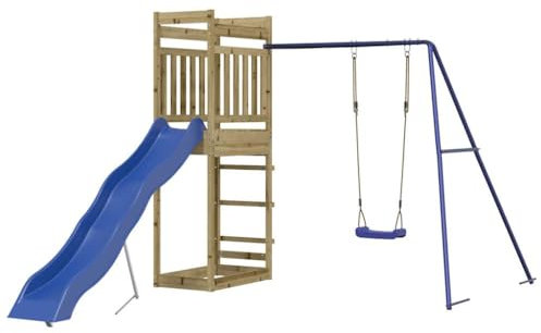 vidaXL Outdoor Playset, Durable Impregnated Wood Pine Construction, Stable A-Shaped Swing Frame, Multi-Activity Playground with Wave Slide and Sandpit