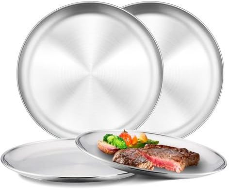4 placas redondas de acero inoxidable, 26 cm, acero inoxidable 304, platos llanos irrompibles de metal aptos para lavavajillas, platos redondos de metal sin BPA para camping, picnic, cocina, fiesta