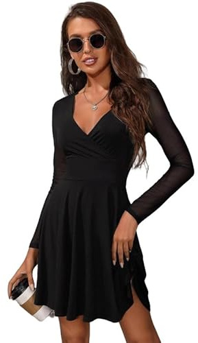 Haibang Vestito Donna Elegante Maniche Lunghe Sexy Mini Abito da Sera Aderente Abiti da Cerimonia con Scollo a V Trasparente Vestiti in Rete Casual Bodycon Dress per Cocktail Party Discoteca Festa