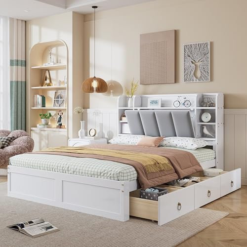 LAKFEW Kinderbett Doppeltbett 140x200, Holzbett Jugendbett mit Offenen Regal, 3 Schubladen auf Rollen, Kopfteil mit Verstecktem Stauraum, Bettgestell Bett mit Lattenrost, Weiß, Ohne Matratze, Kiefer