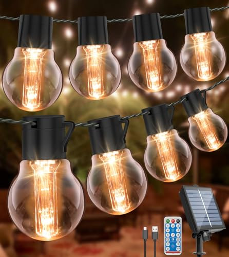 ULIGHTOWN Solar String Lights Outdoor Garden,14M/46FT Remote Control Solar Festoon Lights with USB Port, Timer&25 LED Shatterproof Bulbs, IP65 Waterproof Garden Lights for Gazebo Pergola Patio