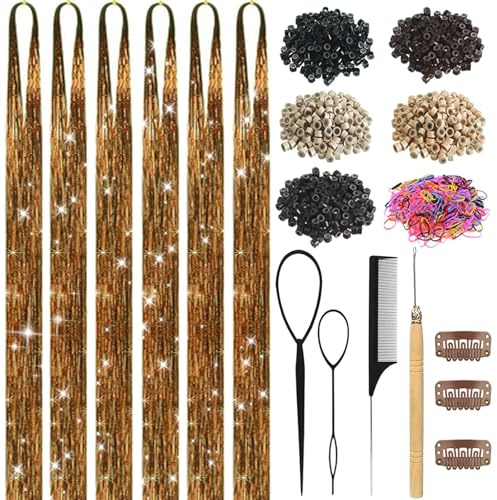 Bronze Gold Hair Tinsel Kit for Girls 1800 Strands Fairy Tinsel Hair Extensions Holographic Hair Tinsel Heat Resistant Colored Hair Glitter Christmas Party Festival (Bronze Gold)