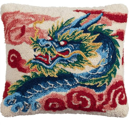 Juego de cojines de nudos para relajarse, kit de cojín de gancho para atar sin estrés, completo con instrucciones y herramientas, para niños y adultos, principiantes, 43 x 43 cm, dragón chino