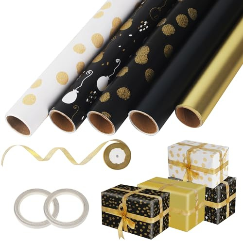 5 Rouleaux Papier Cadeau Set, 43 x 300 cm Papier Cadeau Noir et Or Avec Ruban et Adhésif Double Face,Papier D'emballage de Cadeau Doré pour Noël Anniversaire Mariage Thanksgiving Cadeau de Naissance