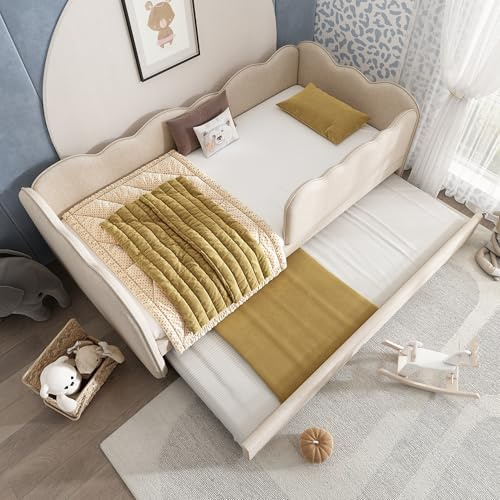 Arhatreya Bäddsoffa, 90 x 190 cm, bäddsoffa med utdragbar säng, stoppsäng med ribbotten, barnsäng, dagsäng för vardagsrum, sovrum (utan madrass), linne, beige