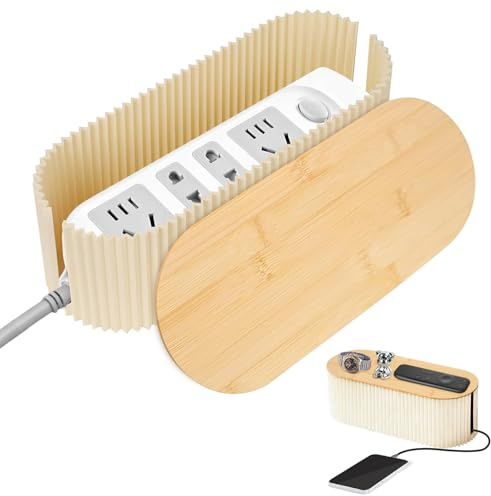 Caja Organizadora de Cables, Caja de Gestión de Cables con Tapa de Bambú, Organizador de Cables Antipolvo Regletas de Enchufe para Televisores, Escritorios en Casa, Oficina (34.5×14.5×12.5 cm)
