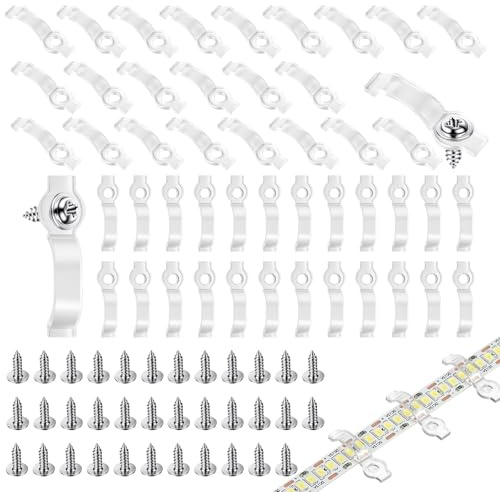 ANOMM 100 Pezzi Clip di Fissaggio per Strisce LED, Clip Strisce LED con Viti, Staffe di Montaggio per SMD 3528/3014/5050/5630 e 8mm/9mm/10mm Striscia LED larghe (Trasparente)