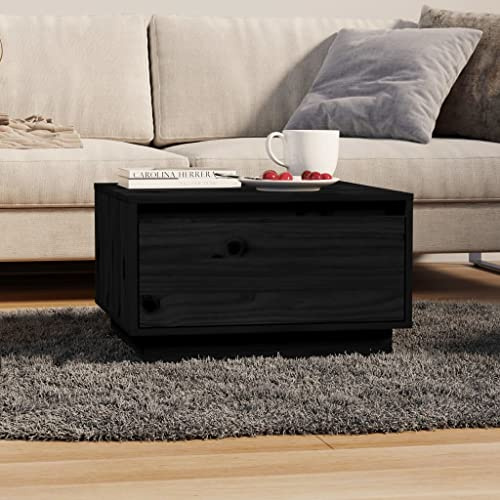 KTHLBRH Tavolino Soggiorno Nero in Legno di Pino Massello con Cassetto Spazioso, Mobile Appoggio Sospeso 55x56x32 cm per Libri Riviste, Struttura Stabile e Resistente, Facile Pulizia