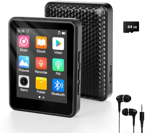 Reproductor MP3 de 64 GB, Bluetooth 5.2, reproductor de MP3 de 2,4 pulgadas, pantalla táctil completa, reproductor de MP3 portátil con altavoz, sonido HiFi, grabación integrada, radio FM, se puede