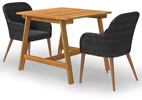 JHQHSM Tavolo da pranzo da giardino nero in legno di acacia e rattan PE con cuscino imbottito, tavolo da pranzo e 4 sedie per terrazza, robusto gruppo di mobili da esterno con design facile da pulire
