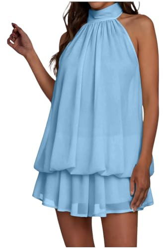 Générique Robe Femme Mini Col Montant Nuque Chiffon Double Volants Robe de Soirée Sensuelle pour Fête et Cocktail