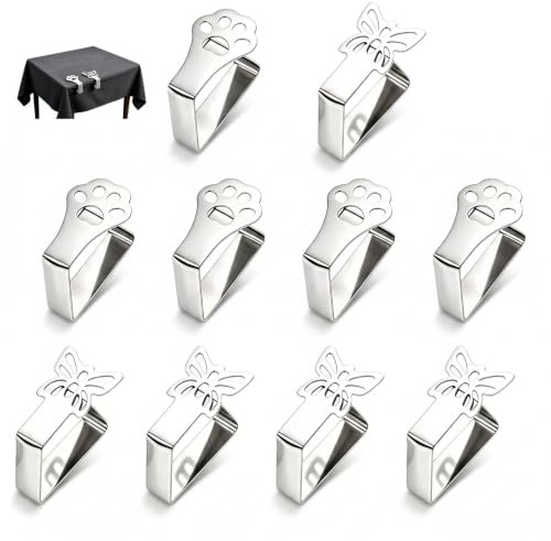 Sylalxeba - Pinzas para mantel, 10 piezas, 5 mariposas, 5 patas de gato, acero inoxidable, antideslizantes, para mesa, 2,5 – 3,5 cm, interior exterior