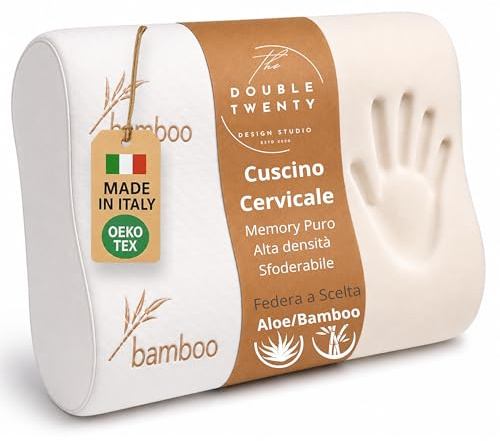 The Double Twenty Cuscino Cervicale per Dormire a Doppia Onda Elevato Supporto Collo - Guanciale Memory Foam Federa Lavabile in Bamboo - Cuscino Memory Foam Made in Italy Certificato Oeko Tex
