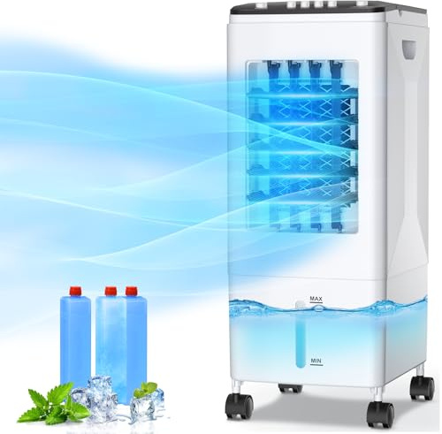 Aire acondicionado portátil sin tubo de escape, enfriador de aire 4 en 1 con depósito de agua de 6 L y 3 acumuladores de frío, ventilador silencioso con 35 dB, aire acondicionado de bajo consumo para
