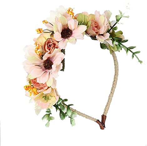 JZK Hochzeit Blumenstirnband für Blumenmädchen und Braut - Gänseblümchen Tiara für Mädchen und Frau - Haarband Blumengirlande Kopfschmuck, Weiß Beige