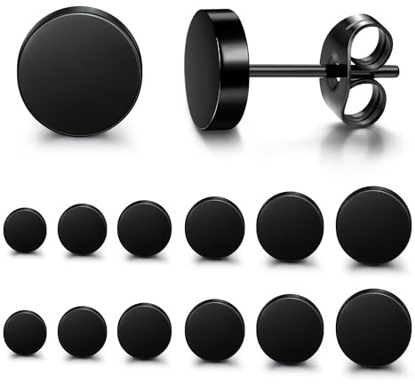 FIBO STEEL Black Stud Earrings for Men Women Stainless Steel Mens Earrings Hypoallergenic Round CZ Square Black Earring Studs Set 6 Pairs 3mm-8mm Round