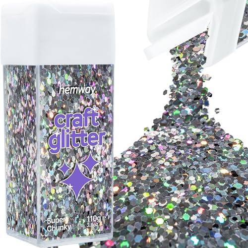 Hemway Craft Glitter Shaker Gun Metal Grey Holographic 110g Super Chunky | for Resin & Epoxy Crafts, Christmas Art Supplies, Nail, Body, Face, Eye, Festival, Crafting, Slime, Sparkle