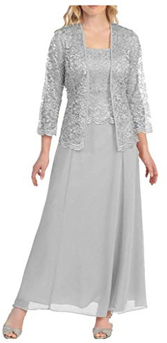VEMOW Vestido de Gasa de Encaje hasta la Rodilla de 2 Piezas Mujer con Chaqueta, Últimas Suelto Elegante Maxi Vestidos Sexy Chic Noche Cóctel Informal Talla grande Madre del Novio(A Gris,XL)