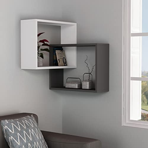 Eckregal mit 2 Ebenen zur Wandmontage| modernes Schweberegal als Corner Bookshelf für Küche| Wohnzimmer| Arbeitszimmer und Schlafzimmer| hohe Belastbarkeit bis 17 kg| 20 x 60 x 68 cm Weiß - Anthrazit