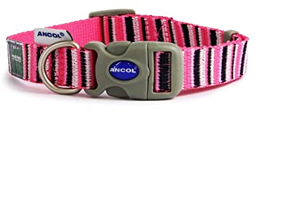 Ancol Hot Pink Candy Stripe Made From Dog Collar Puppy Pet Eco Friendly Recycled Webbing Quick Release Buckle Adjustable 30-50cm Medium